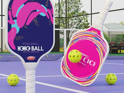 Vibrant Badminton Court With Colorful Paddles Yellow Balls And Net 3d model