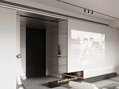 Elegant Modern Living and Dining Room Interior Design With Projection Screen And Fireplace 3d model