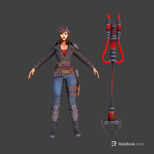 3D Adventurous Character Wearing Leather Jacket Blue Jeans Goggles And Red Black Grappling Tool 3d model 