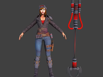 3D Adventurous Character Wearing Leather Jacket Blue Jeans Goggles And Red Black Grappling Tool 3d model