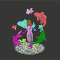 Blue and White Sculpture With Central Figure Surrounding Fish And Circular Patterned Base