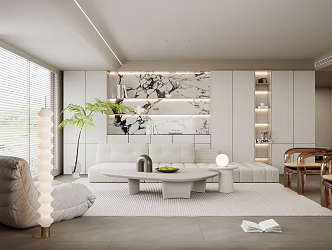 Modern Living Room Sofa Coffee Table Combination Leisure Chair Green Plant Potted Plant Ornaments Venetian Curtain Floor Lamp 3d model
