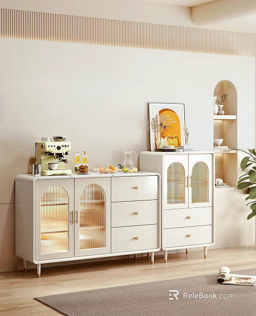 Sleek White Sideboard With Glass Doors Drawers Coffee Machine Fruits And Decorative Painting 3d model 