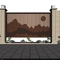 Scenic Wall with Brown Grille Mountain Pattern Circular Light Stone Pillar Lamps and Green Plants