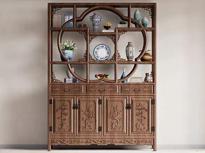Chinese Wooden Carved Antique Shelf With Vases Plates And Decorative Ornaments 3d model