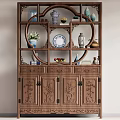 Chinese Wooden Carved Antique Shelf With Vases Plates And Decorative Ornaments