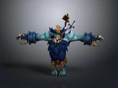 Blue Lion Headed Game Movie Character With Open Arms Decorative Armor And Axe On Head 3d model