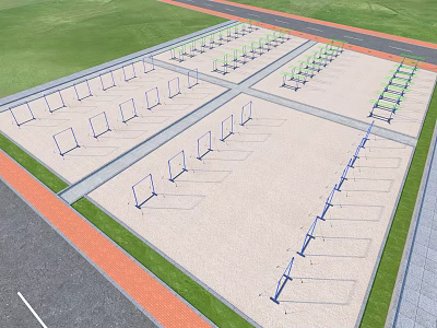 Outdoor Sports Training Hurdles Neatly Arranged On Sand Ground With Grass Track 3d model
