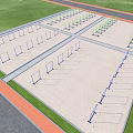 Outdoor Sports Training Hurdles Neatly Arranged On Sand Ground With Grass Track