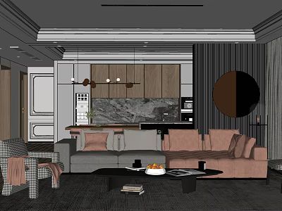 Modern Living And Dining Room Interior With Sofa Dining Table Pendant Lights And Decorative Wall Elements 3d model
