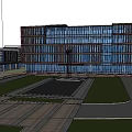 Modern Office Building With Glass Curtain Walls Front Water Pool Surrounding Greenery and Pedestrians