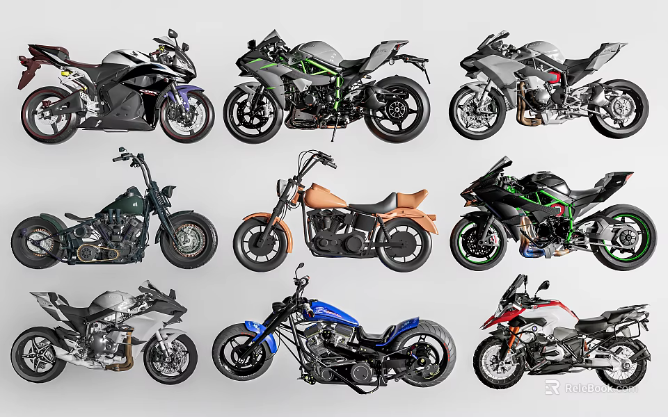 Various Stylish Motorcycles with Different Colors and Multiple Designs Collection 3d model 