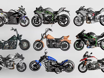 Various Stylish Motorcycles with Different Colors and Multiple Designs Collection 3d model