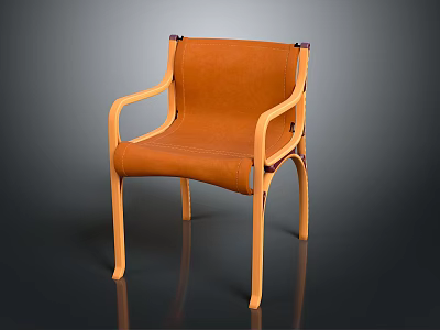 Contemporary Armchair Featuring Brown Leather Seat And Curved Wooden Frame Legs 3d model