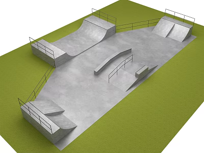 Outdoor Skateboard Park With Concrete Ramps Railings And Green Grass Fitness Area 3d model