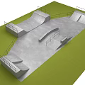 Outdoor Skateboard Park With Concrete Ramps Railings And Green Grass Fitness Area