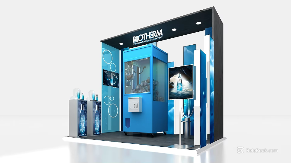 BIOTHERM Cosmetics Exhibition Display Shelves With Blue Stand And Product Bottles 3d model 