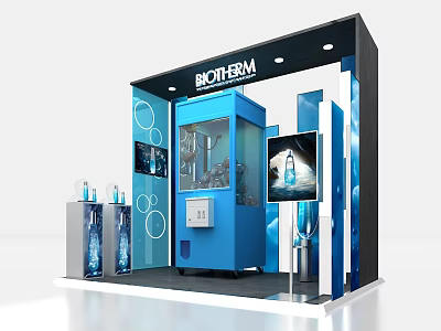 BIOTHERM Cosmetics Exhibition Display Shelves With Blue Stand And Product Bottles 3d model