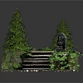 Natural Stone Stairs Surrounded By Pine Trees And Lush Green Foliage