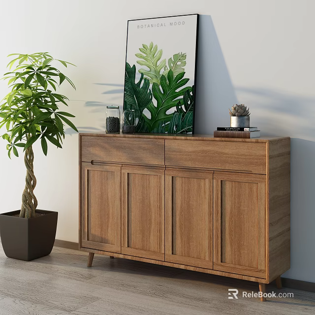 Wooden Entryway Side Cabinet Featuring Green Leaf Art Potted Plant and Books 3d model 