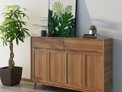 Wooden Entryway Side Cabinet Featuring Green Leaf Art Potted Plant and Books 3d model