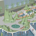 Modern Landscape Design Featuring Mountain Shaped Structures Water Pools And Greenery Walkways 3d model