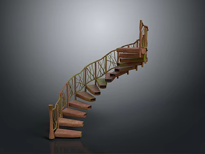 Building Spiral Staircase Design With Wooden Steps And Metal Railings Structure 3d model