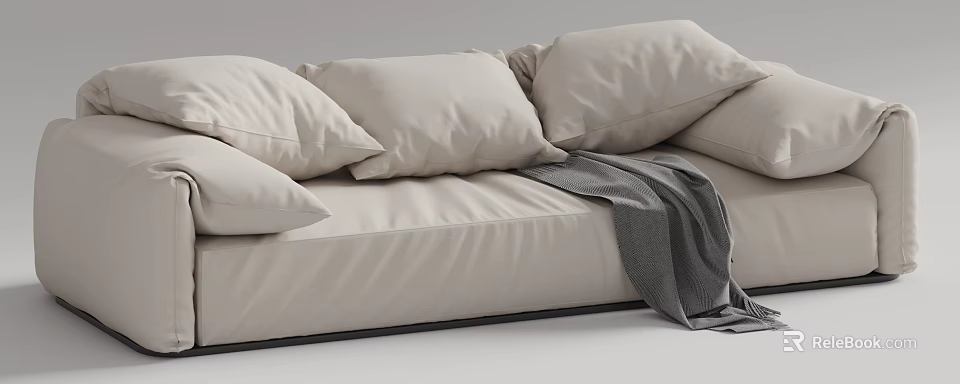 Beige Two Seater Sofa with Soft Pillows and Gray Blanket Modern Cozy Living Room Furniture 3d model 