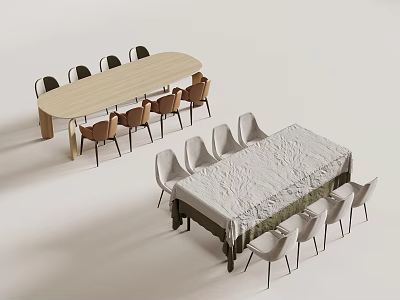 Dining Table Sets With Light Colored Table Brown Chairs And White Tablecloth Light Gray Chairs 3d model