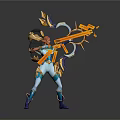 Red Haired Female Archer In Blue Armor Drawing Golden Creature Bow With Glowing Effects