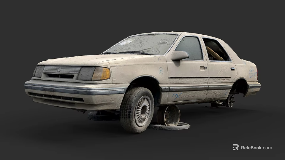 Old White Car With Missing Wheel And Damaged Body Under Repair 3d model 