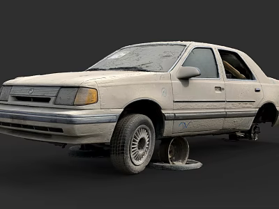 Old White Car With Missing Wheel And Damaged Body Under Repair 3d model
