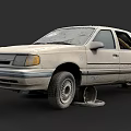 Old White Car With Missing Wheel And Damaged Body Under Repair 3d model