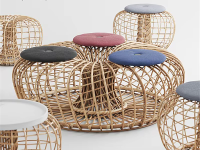 Modern Rattan Double Sofa With Colorful Cushions And Natural Weave Design 3d model