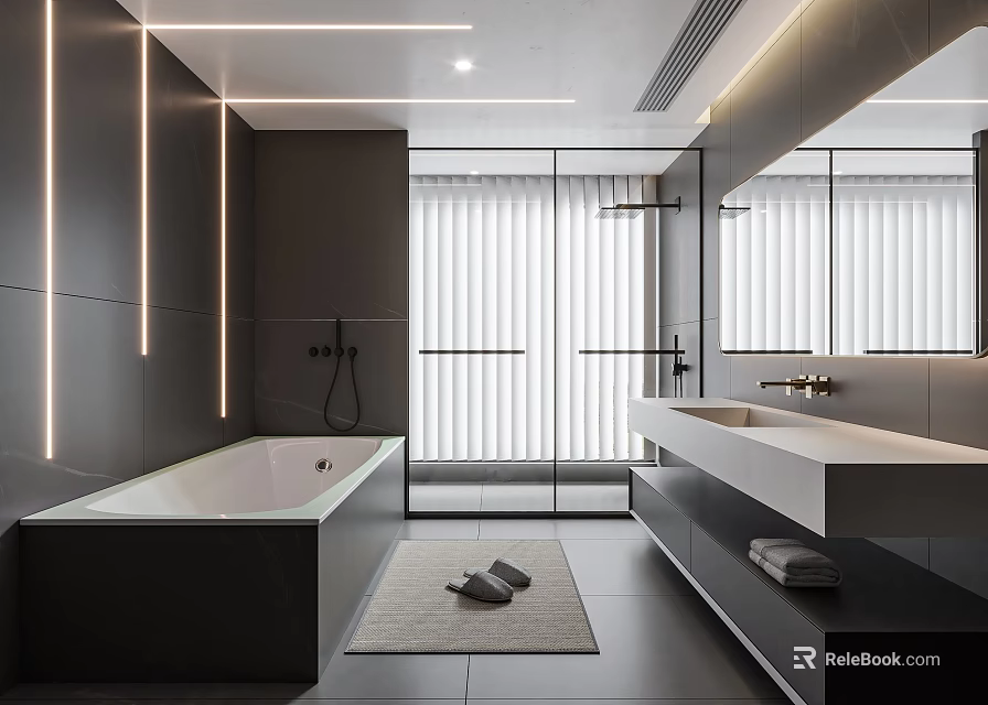 Modern Bathroom Interior With White Bathtub Glass Shower Double Vanity And LED Strip Lighting 3d model 