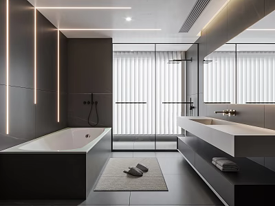 Modern Bathroom Interior With White Bathtub Glass Shower Double Vanity And LED Strip Lighting 3d model