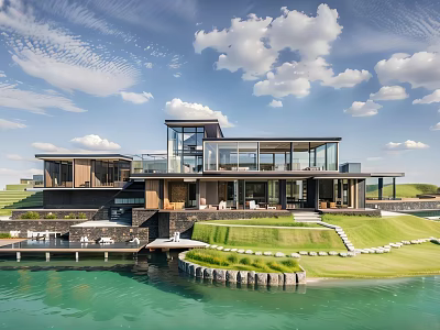 Modern Waterfront Detached Villa With Glass Facade Lush Lawn And Water View 3d model