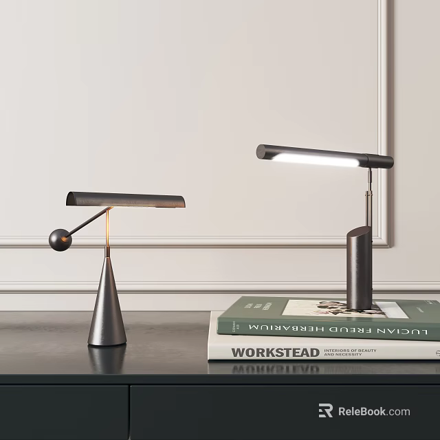 Modern Table Lamps with Sleek Conical and Upright Metal Bases on Table and Book 3d model 
