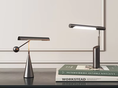 Modern Table Lamps with Sleek Conical and Upright Metal Bases on Table and Book 3d model