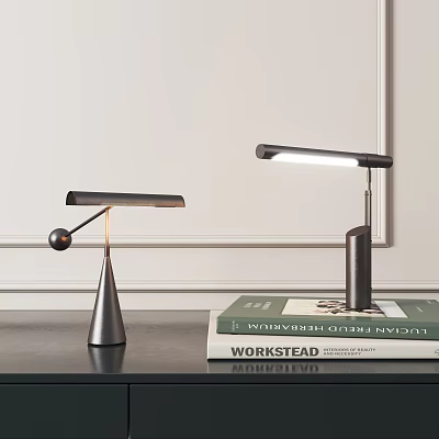 Modern Table Lamps with Sleek Conical and Upright Metal Bases on Table and Book 3d model