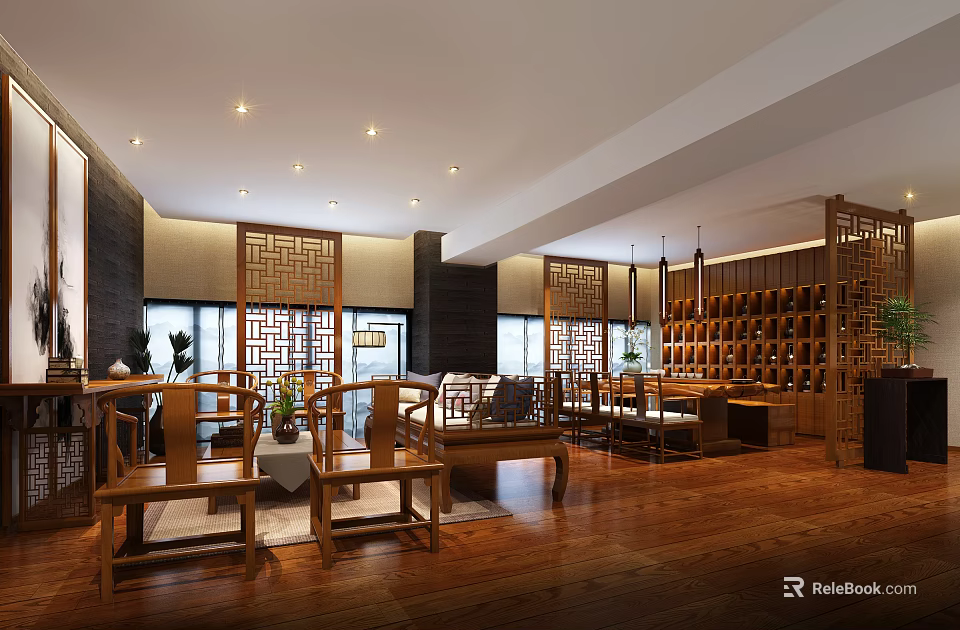 Traditional Chinese Tea House Interior With Wooden Furniture And Lattice Windows 3d model 