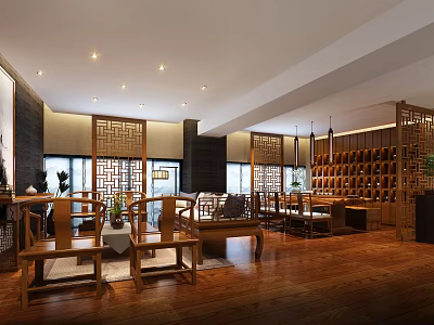 Traditional Chinese Tea House Interior With Wooden Furniture And Lattice Windows 3d model