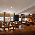 Traditional Chinese Tea House Interior With Wooden Furniture And Lattice Windows