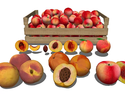 Fresh Ripe Peaches in Wooden Crate with Whole and Sliced Fruits Displaying Pits 3d model