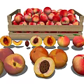 Fresh Ripe Peaches in Wooden Crate with Whole and Sliced Fruits Displaying Pits