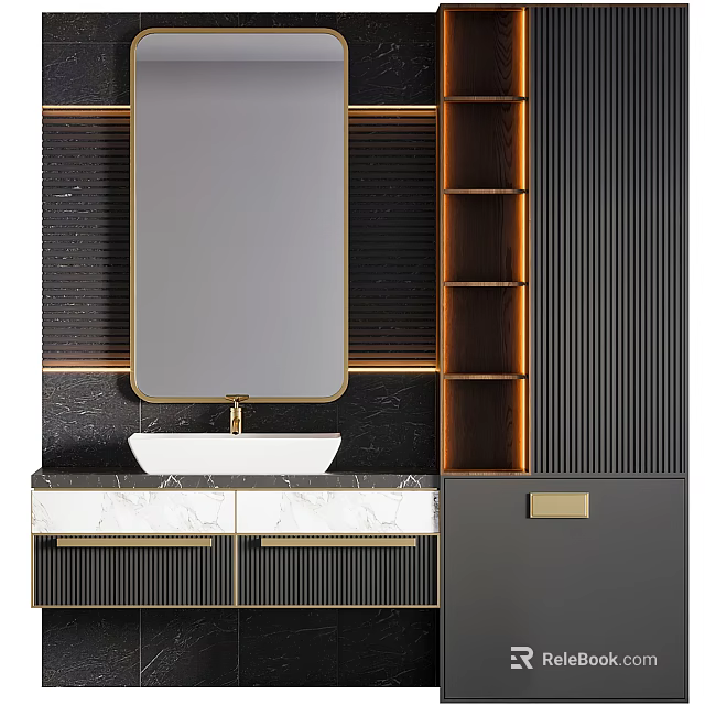 Elegant Black And Gold Washbasin Vanity With Marble Countertop Mirror And Shelves 3d model 