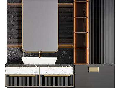Elegant Black And Gold Washbasin Vanity With Marble Countertop Mirror And Shelves 3d model