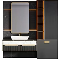Elegant Black And Gold Washbasin Vanity With Marble Countertop Mirror And Shelves