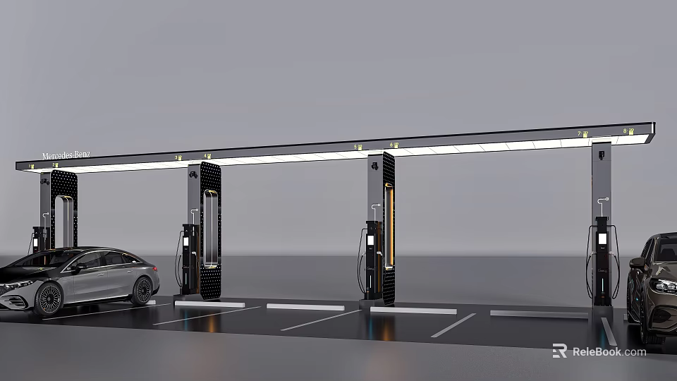Modern Commercial Electric Vehicle Charging Stations In Parking Lot With Charging Equipment 3d model 