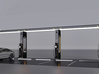 Modern Commercial Electric Vehicle Charging Stations In Parking Lot With Charging Equipment 3d model